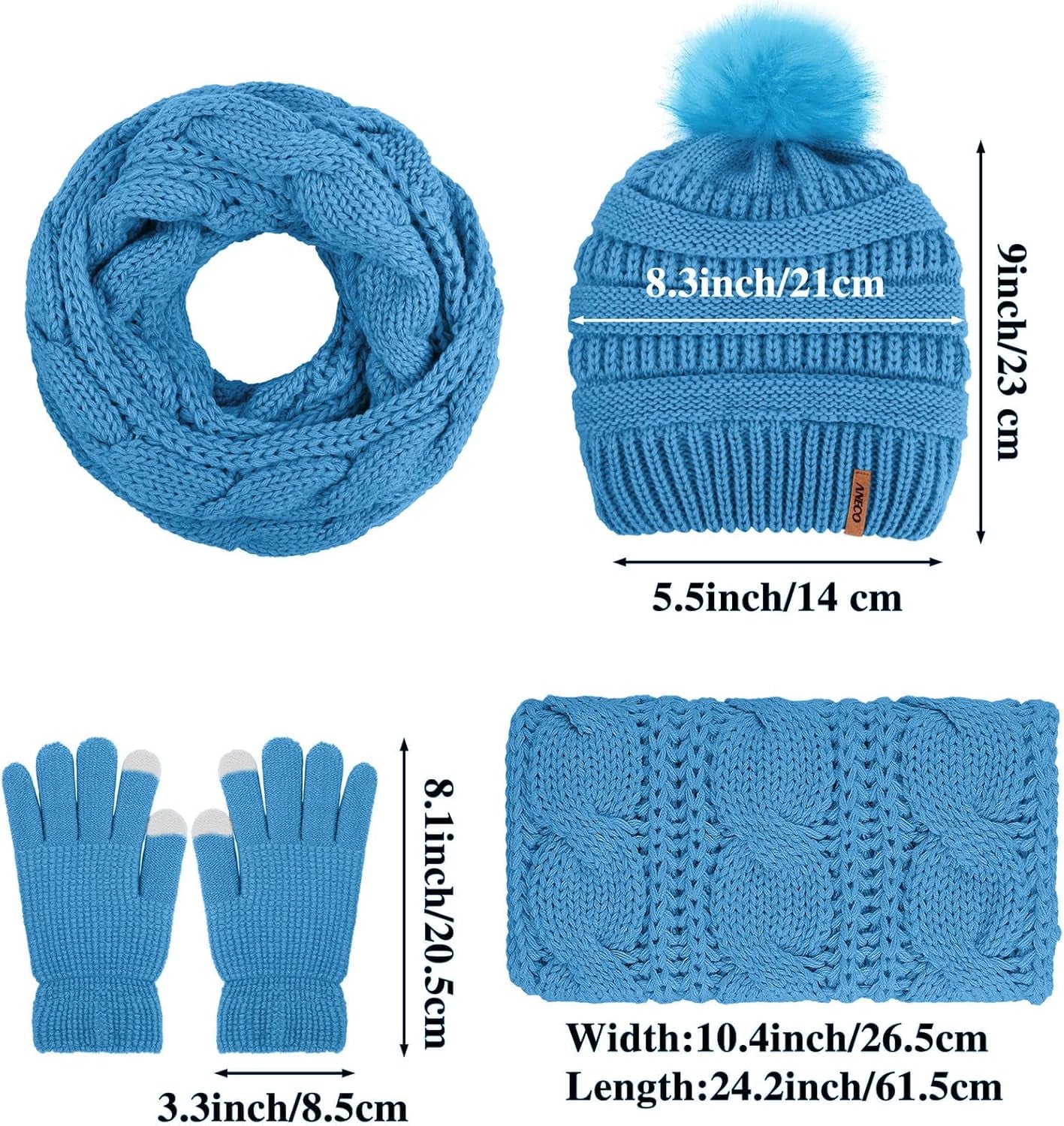 Women's Winter Warmth Collection: Knitted Beanie Hat with Fur Pompoms, Circle Loop Scarf, and Touch Screen Gloves