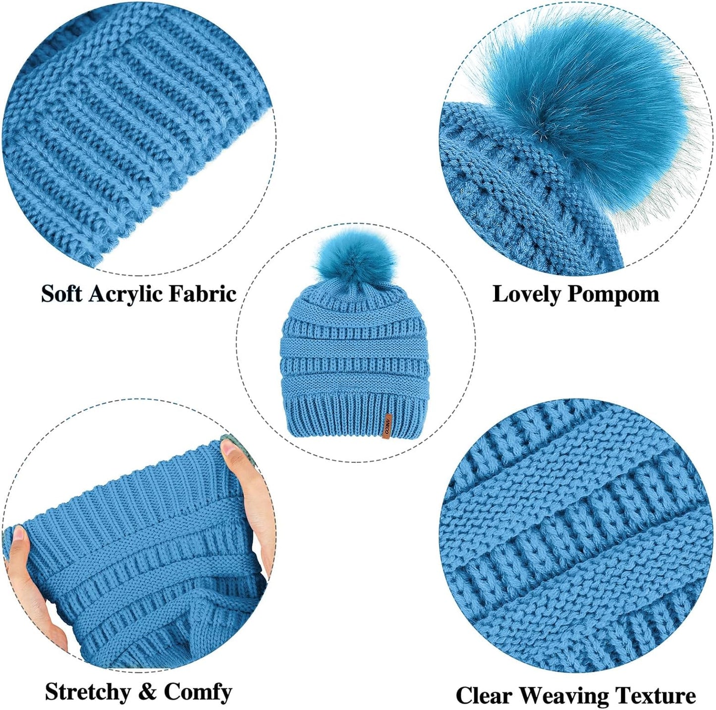 Women's Winter Warmth Collection: Knitted Beanie Hat with Fur Pompoms, Circle Loop Scarf, and Touch Screen Gloves