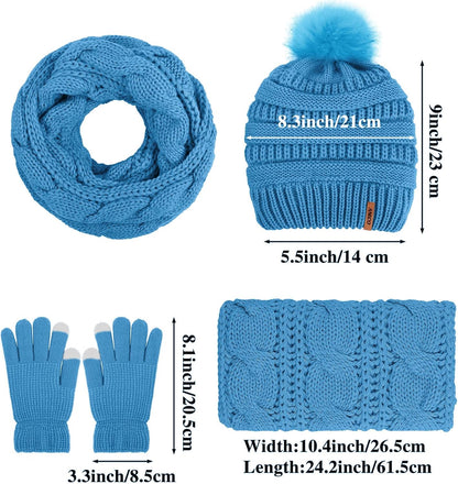Women's Winter Warmth Collection: Knitted Beanie Hat with Fur Pompoms, Circle Loop Scarf, and Touch Screen Gloves