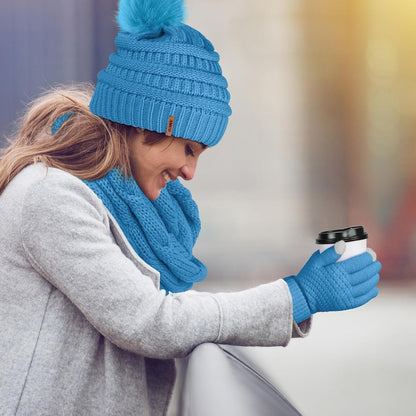 Women's Winter Warmth Collection: Knitted Beanie Hat with Fur Pompoms, Circle Loop Scarf, and Touch Screen Gloves