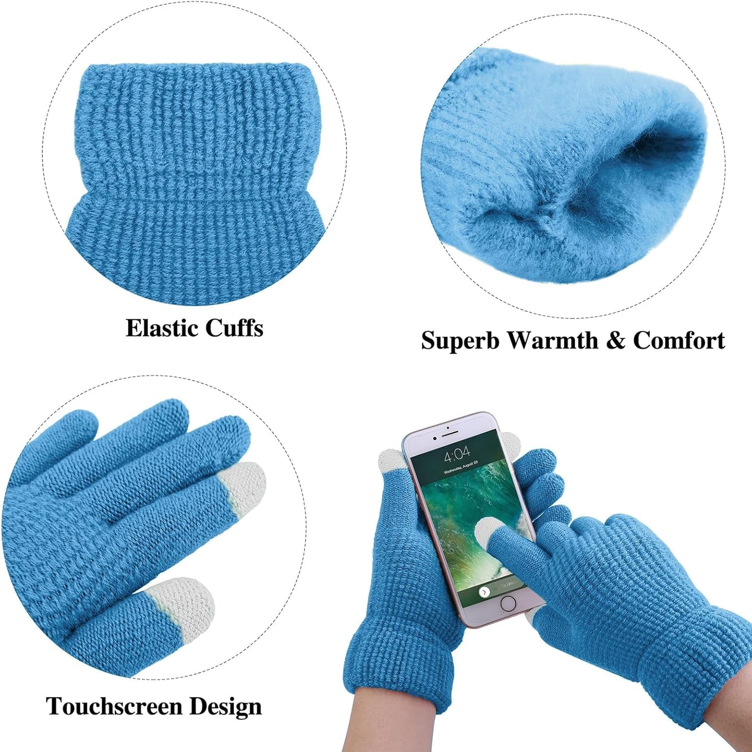 Women's Winter Warmth Collection: Knitted Beanie Hat with Fur Pompoms, Circle Loop Scarf, and Touch Screen Gloves