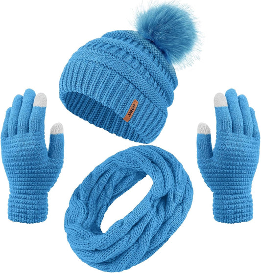 Women's Winter Warmth Collection: Knitted Beanie Hat with Fur Pompoms, Circle Loop Scarf, and Touch Screen Gloves